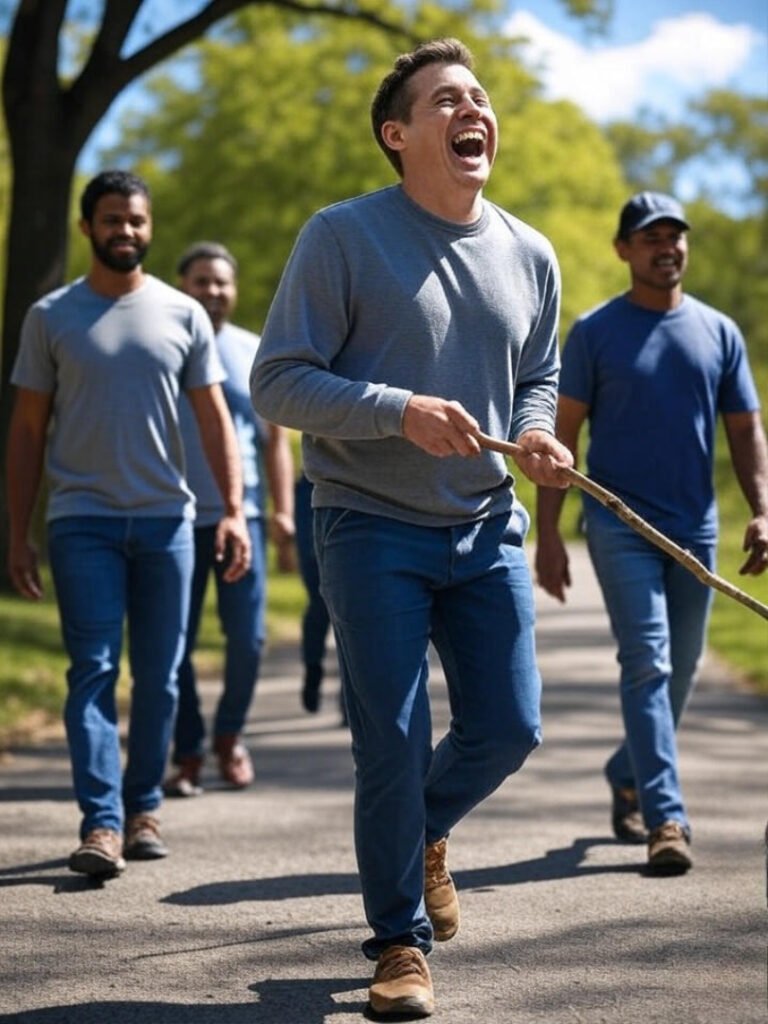 Alt Text: Grainy park scene with employees walking for a step challenge, one guy laughing as he trips over a stick, others smiling in the background.