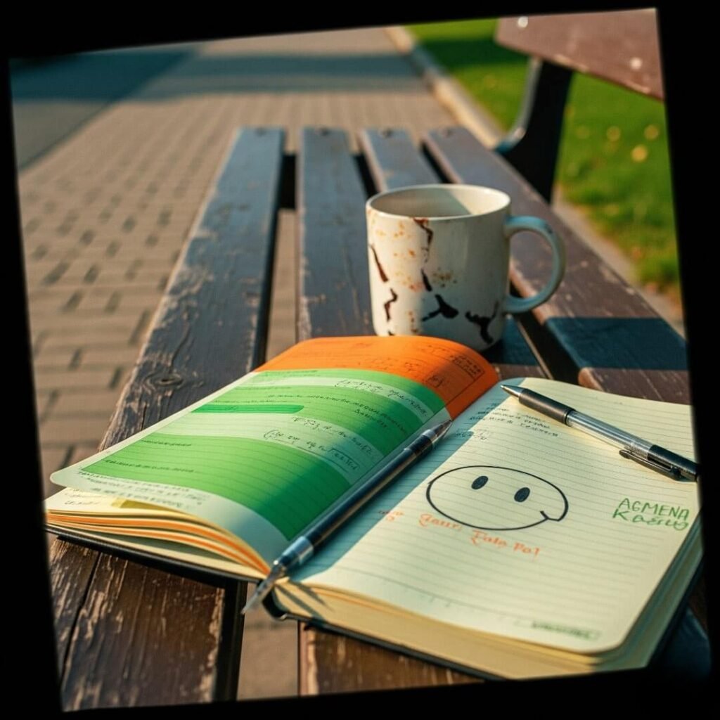 A slightly blurred image of an open notebook with a smiley face, a pen, and a chipped mug on a park bench.