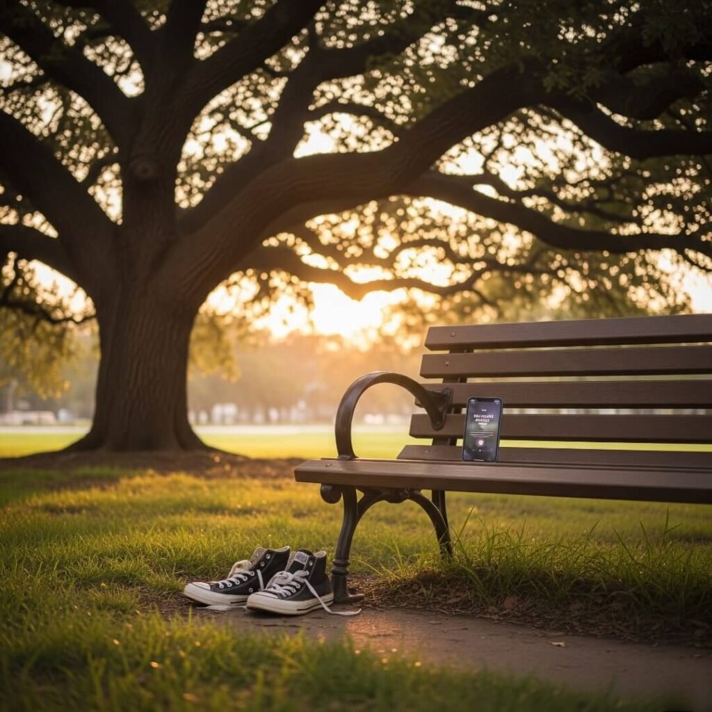 A park bench under a tree with sneakers in the grass and a phone on the bench during golden hour.