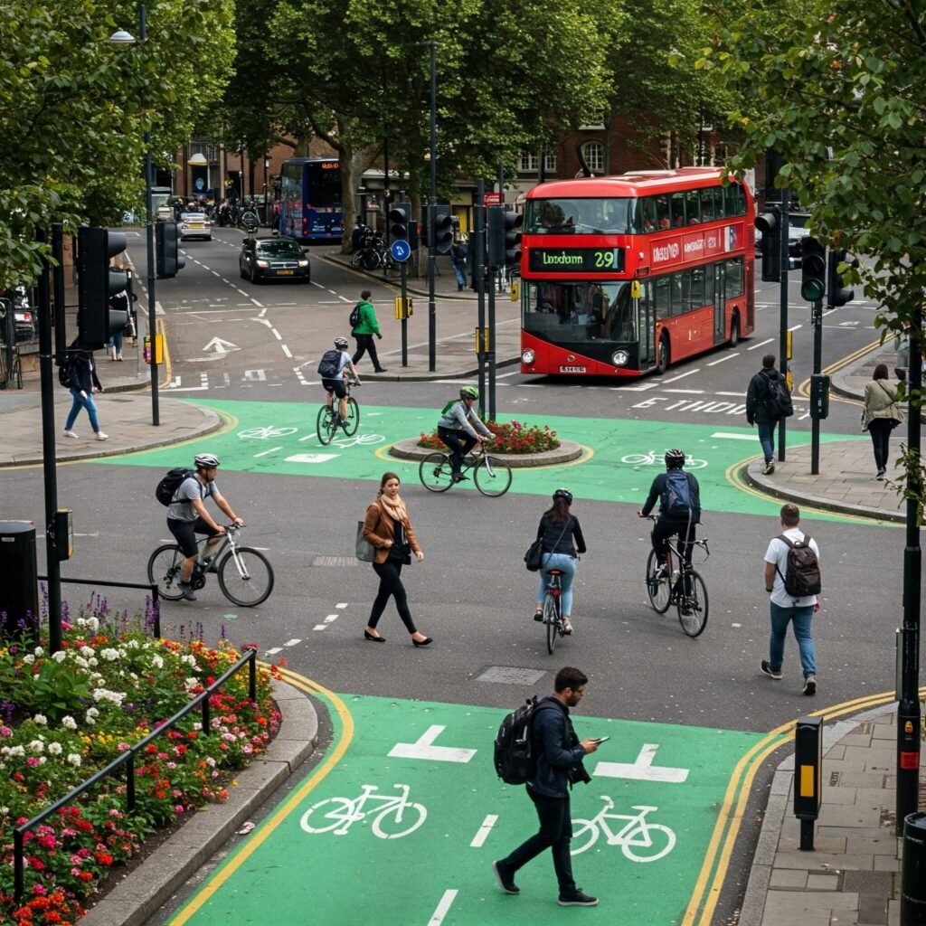 "Diverse commuters at a bustling city intersection with bike lanes and greenery."