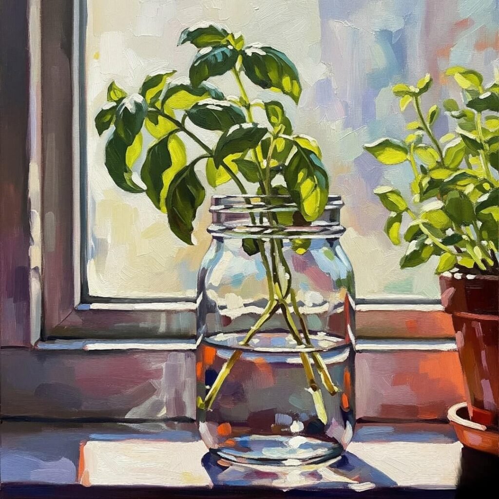 An impressionistic painting depicts a mason jar herb garden on a windowsill, with slightly droopy basil.