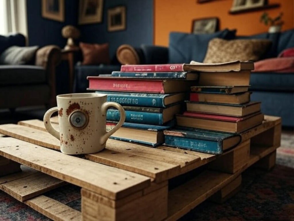 Vintage pallet coffee table with thrifted books, chipped mug, and a button.