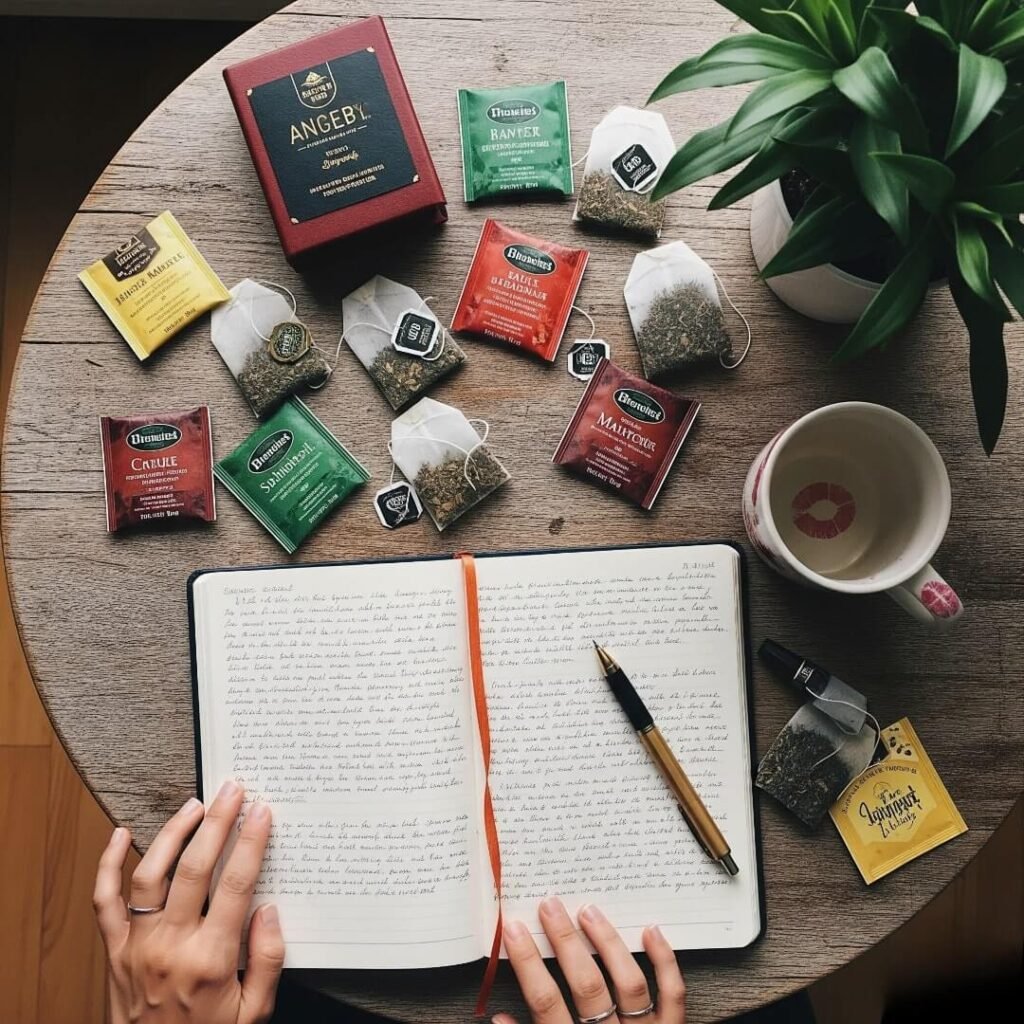 A top-down view of a cluttered table with herbal teas, a journal, and a pen, with a faint lipstick mark on a mug for a personal touch.