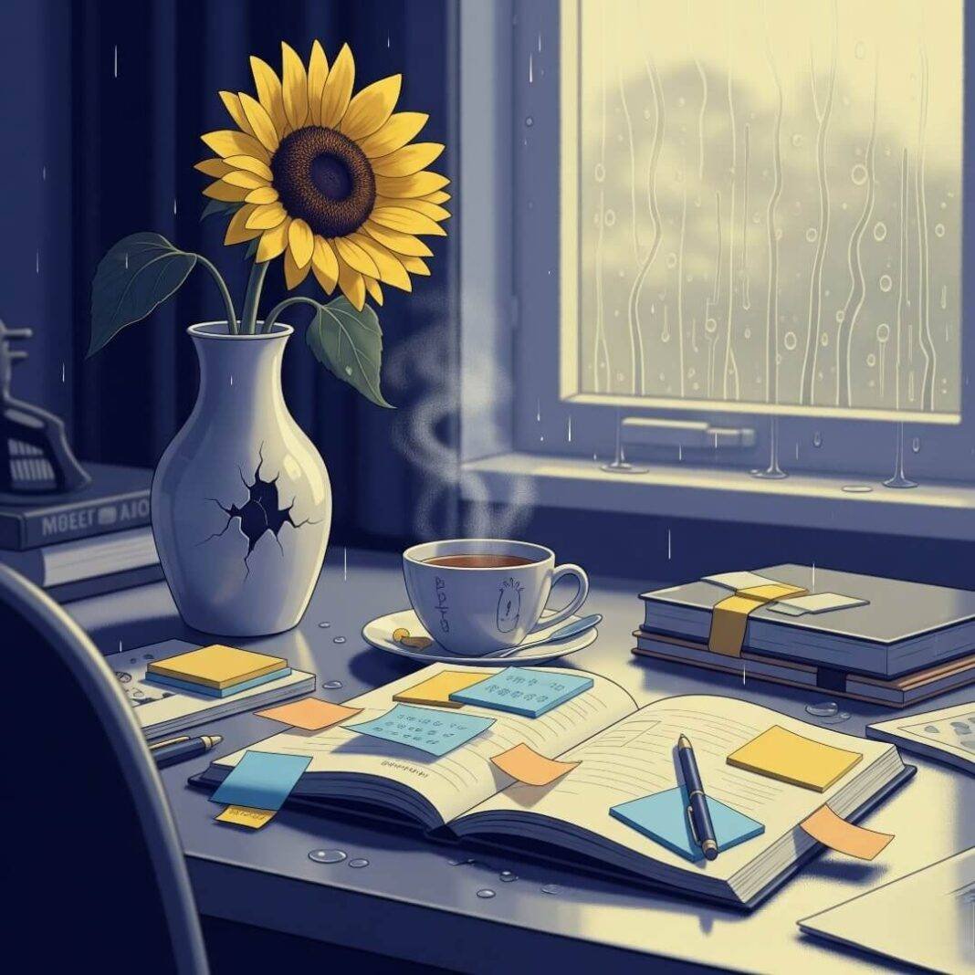 A cluttered desk features a steaming tea mug, a journal with sticky notes, and a sunflower in a chipped vase, with a rainy window in the background.