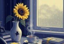 Mental Health and Wellbeing: 5 Practices That Will Change Your Life A cluttered desk features a steaming tea mug, a journal with sticky notes, and a sunflower in a chipped vase, with a rainy window in the background.