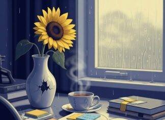 Mental Health and Wellbeing: 5 Practices That Will Change Your Life A cluttered desk features a steaming tea mug, a journal with sticky notes, and a sunflower in a chipped vase, with a rainy window in the background.