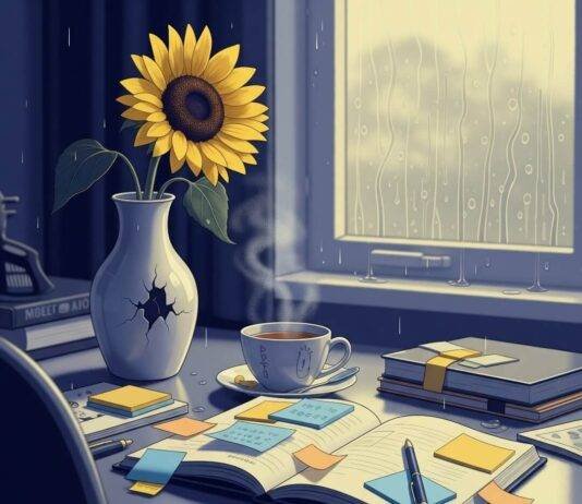 Mental Health and Wellbeing: 5 Practices That Will Change Your Life A cluttered desk features a steaming tea mug, a journal with sticky notes, and a sunflower in a chipped vase, with a rainy window in the background.