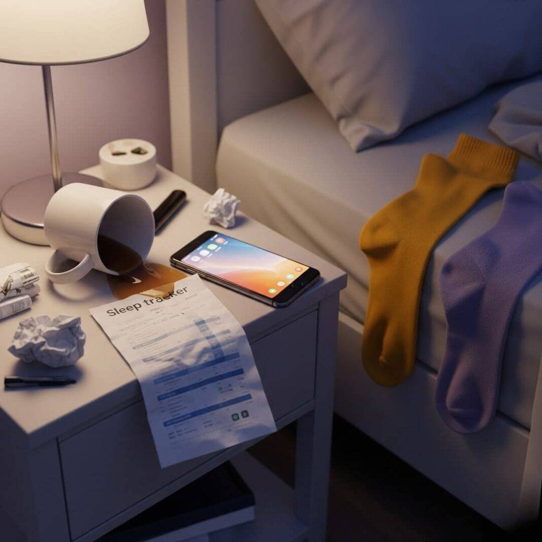 A messy nightstand with a spilled coffee mug, glowing phone, crumpled sleep tracker, and mismatched socks. A messy nightstand with a spilled coffee mug, glowing phone, crumpled sleep tracker, and mismatched socks.