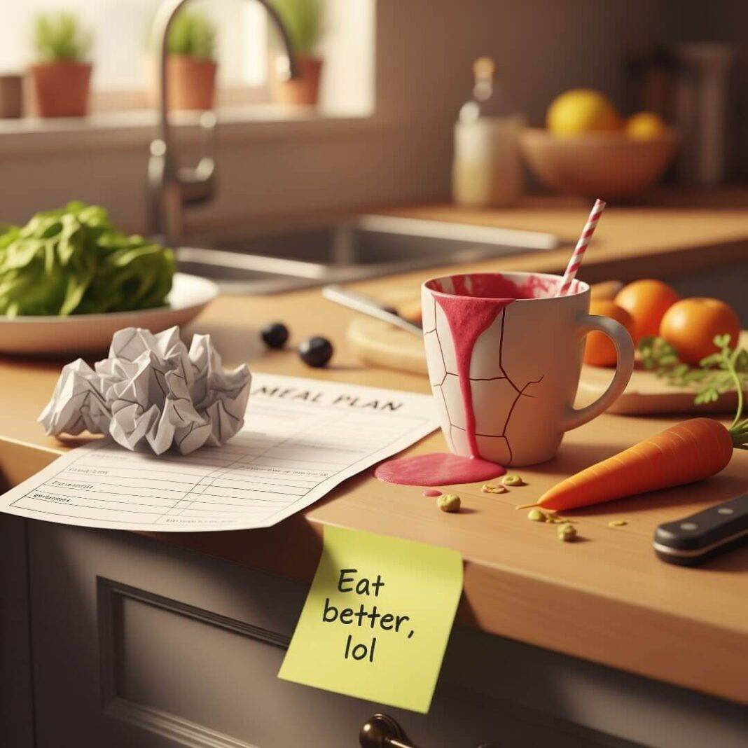 A messy kitchen counter with a spilled smoothie, crumpled meal plan, carrot, and a "Eat better, lol" sticky note. A messy kitchen counter with a spilled smoothie, crumpled meal plan, carrot, and a "Eat better, lol" sticky note.