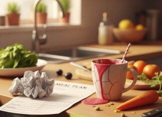 Top Benefits of Hiring a Nutritionist Near Me for Weight Loss Success A messy kitchen counter with a spilled smoothie, crumpled meal plan, carrot, and a "Eat better, lol" sticky note.