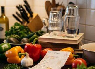 Why Nutrition for Seniors is More Important Than Ever—Here’s What You Need to Know A slightly blurry photorealistic image of a cluttered kitchen counter with vegetables, a stained recipe card, and glasses on a cookbook