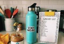 Top Nutrition Tips for Women: Eat Smart, Feel Great A blurry phone pic of a counter with avocado toast crumbs, a turquoise water bottle, a doodled grocery list, and a teaspoon stuck in almond butter.