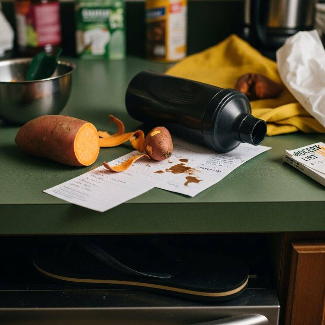 A slightly blurry shot of a chaotic kitchen counter with a half-peeled sweet potato, a dented protein shaker, a coffee-stained grocery list, and a flip-flop peeking out from underneath. A slightly blurry shot of a chaotic kitchen counter with a half-peeled sweet potato, a dented protein shaker, a coffee-stained grocery list, and a flip-flop peeking out from underneath.