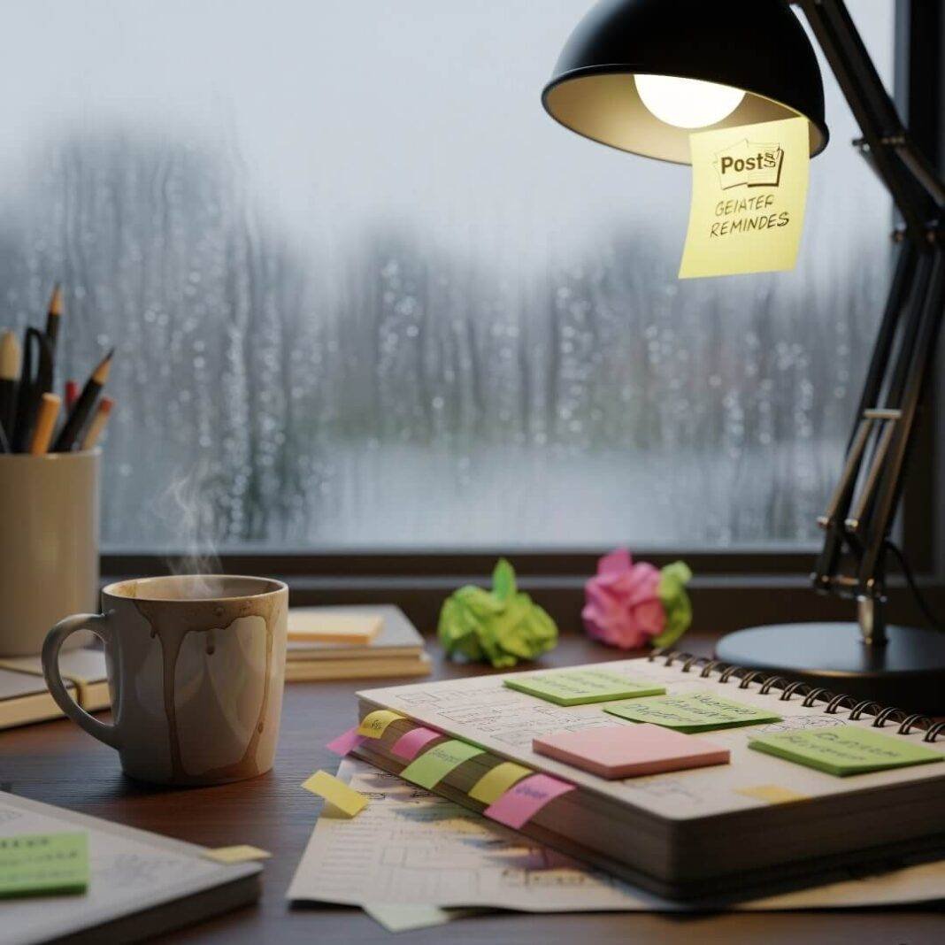 A cluttered desk with a coffee mug, notebook, and a rainy window. A cluttered desk with a coffee mug, notebook, and a rainy window.