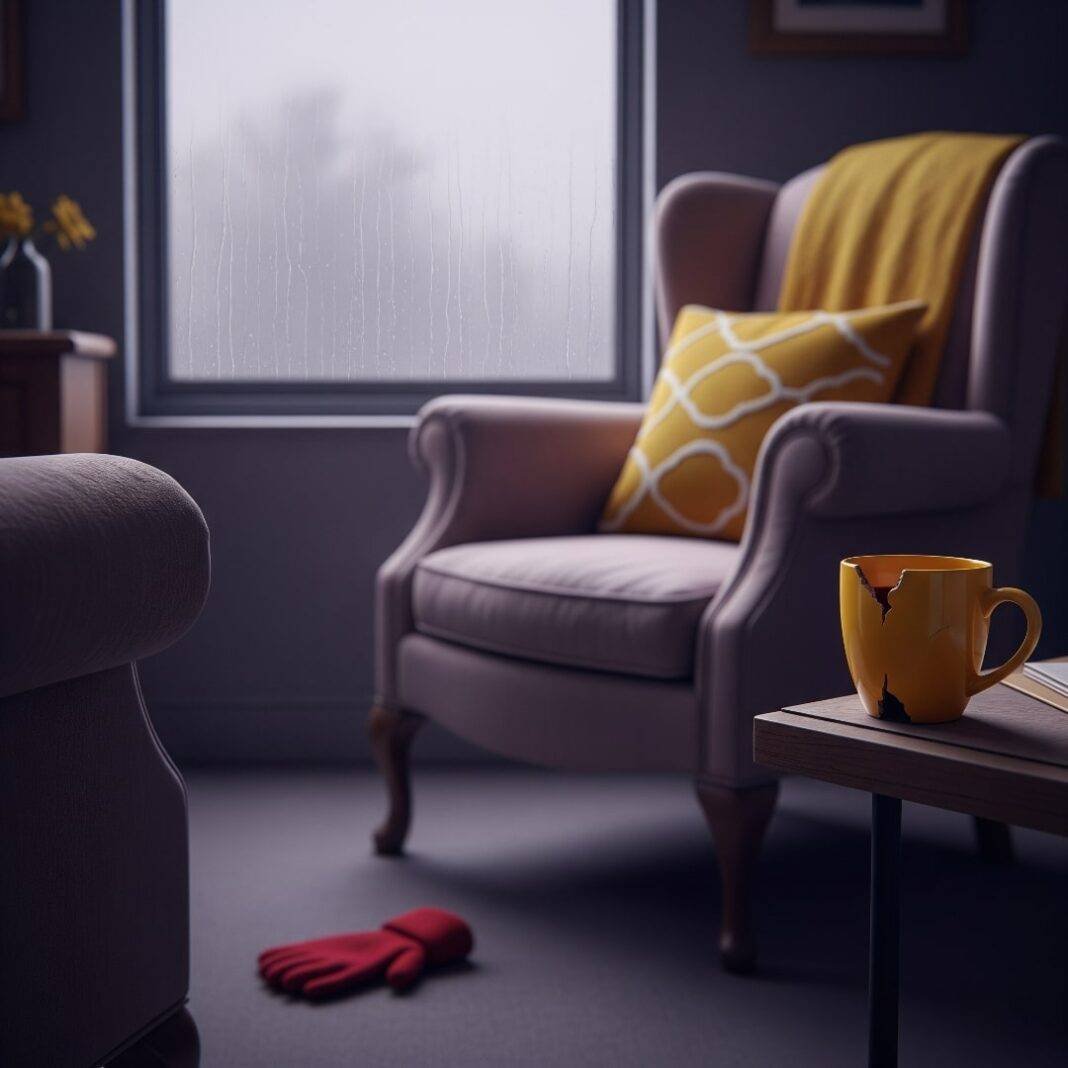 A blurred therapist's office with a faded armchair, chipped yellow mug, and a red mitten on the floor. Rain streaks the window. A blurred therapist's office with a faded armchair, chipped yellow mug, and a red mitten on the floor. Rain streaks the window.