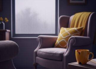 Is Mental Health Therapy Right for You? Everything You Need to Know A blurred therapist's office with a faded armchair, chipped yellow mug, and a red mitten on the floor. Rain streaks the window.