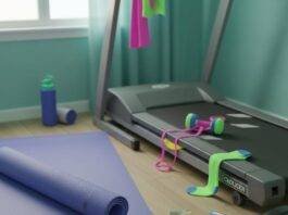 Fitness and Wellness: The Perfect Pair for Achieving Your 2025 Health Goals A slightly blurred image of a messy home gym with a frayed yoga mat, coffee ring, protein bar wrapper, and a sock under the treadmill.