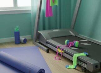 Fitness and Wellness: The Perfect Pair for Achieving Your 2025 Health Goals A slightly blurred image of a messy home gym with a frayed yoga mat, coffee ring, protein bar wrapper, and a sock under the treadmill.