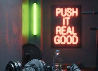 Top Fitness Classes Near Me: Boost Your Health with These Popular Options A blurry gym corner with a sweaty towel on a dumbbell, a water bottle, mismatched sneakers, and a neon sign saying "Push It Real Good."