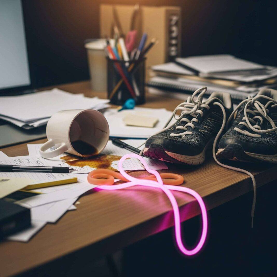 A blurry photo of a messy desk with a spilled coffee mug, tangled running shoes, and a glowing neon-pink resistance band. A blurry photo of a messy desk with a spilled coffee mug, tangled running shoes, and a glowing neon-pink resistance band.