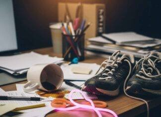 Fitness Tips for Busy People: 10 Ways to Stay Active in a Hectic Schedule A blurry photo of a messy desk with a spilled coffee mug, tangled running shoes, and a glowing neon-pink resistance band.