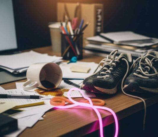 Fitness Tips for Busy People: 10 Ways to Stay Active in a Hectic Schedule A blurry photo of a messy desk with a spilled coffee mug, tangled running shoes, and a glowing neon-pink resistance band.