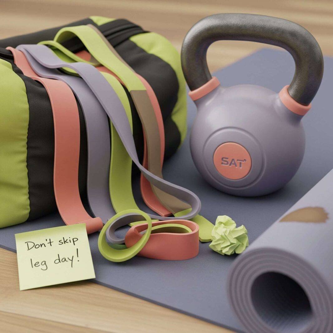 A tangled pile of resistance bands, a kettlebell, a yoga mat with a coffee stain, and a sticky note saying "Don't skip leg day!" A tangled pile of resistance bands, a kettlebell, a yoga mat with a coffee stain, and a sticky note saying "Don't skip leg day!"
