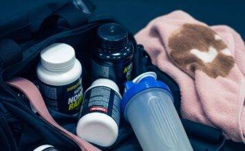 Fitness Supplements Near Me Can Help You Reach Your Goals Faster A gym bag spills supplement bottles, a shaker, and a resistance band, with a coffee-stained towel in the background.