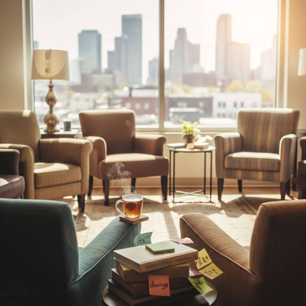 A warm, slightly blurred photorealistic shot of a wellness center waiting room, with mismatched armchairs, a steaming mug, and a cityscape through a window. Sticky notes on books add a quirky touch. A warm, slightly blurred photorealistic shot of a wellness center waiting room, with mismatched armchairs, a steaming mug, and a cityscape through a window. Sticky notes on books add a quirky touch.