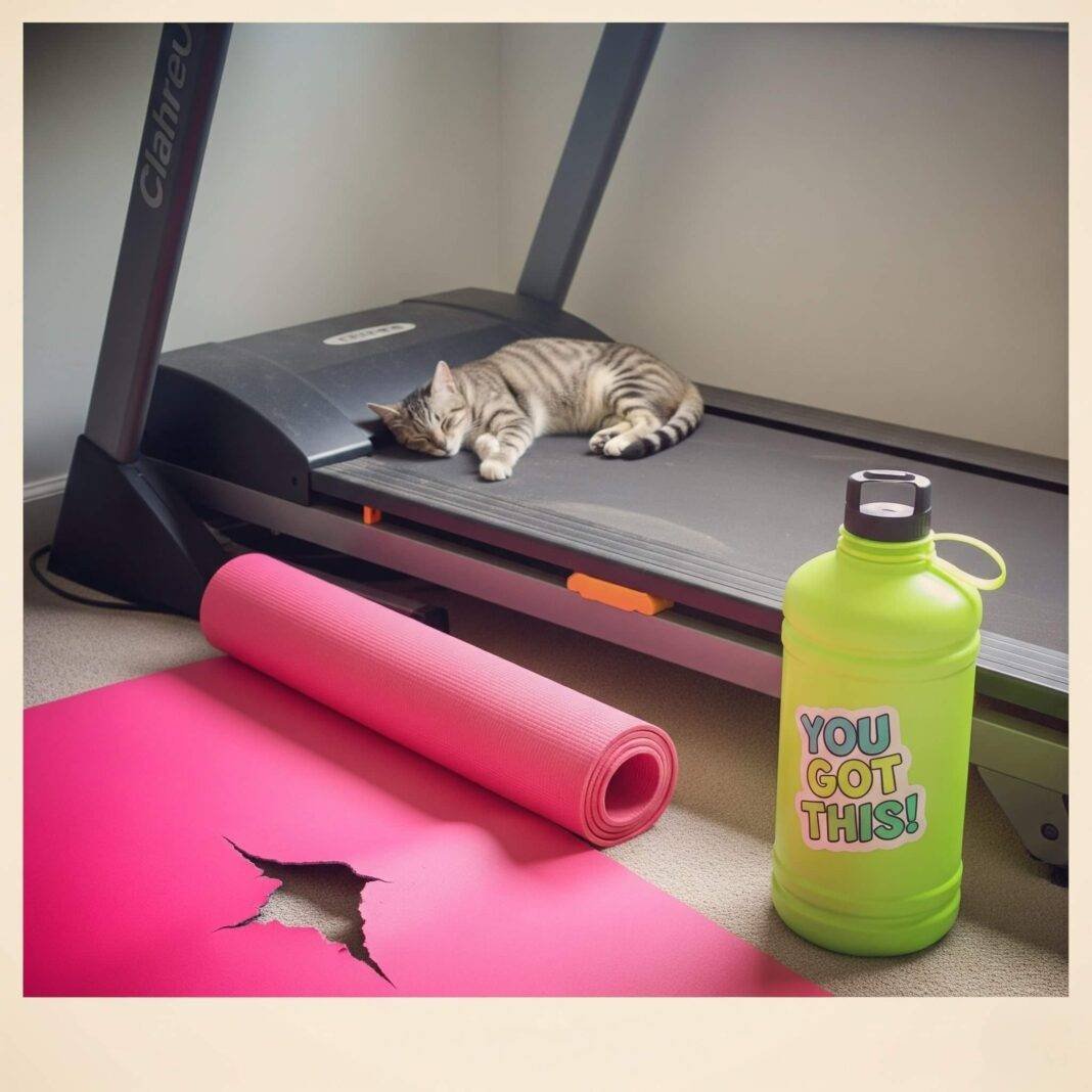 A napping cat on a dusty treadmill next to a torn neon yoga mat and a "You Got This!" water bottle. A napping cat on a dusty treadmill next to a torn neon yoga mat and a "You Got This!" water bottle.