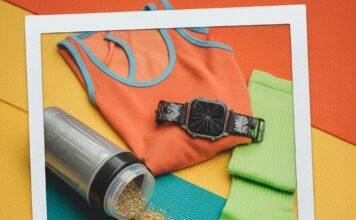 Fitness Apparel Trends 2025: Top 7 Styles to Stay Fit and Stylish A vintage Polaroid of a mismatched gym outfit with a stretched tank top, neon socks, a cracked smartwatch, and a spilled glittery protein shake.