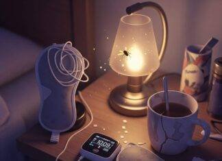 Sleep Disorders and Their Impact on Mental Health A blurry, high-resolution shot of a cluttered nightstand with a flickering sleep tracker, tangled sleep mask, chipped mug with tea stains, and a firefly near a lamp, in muted purples, grays, and gold.