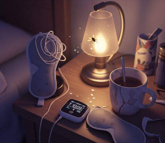 Sleep Disorders and Their Impact on Mental Health A blurry, high-resolution shot of a cluttered nightstand with a flickering sleep tracker, tangled sleep mask, chipped mug with tea stains, and a firefly near a lamp, in muted purples, grays, and gold.