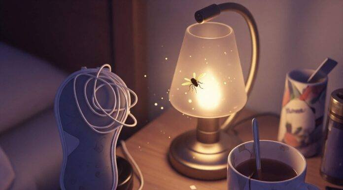 Sleep Disorders and Their Impact on Mental Health A blurry, high-resolution shot of a cluttered nightstand with a flickering sleep tracker, tangled sleep mask, chipped mug with tea stains, and a firefly near a lamp, in muted purples, grays, and gold.