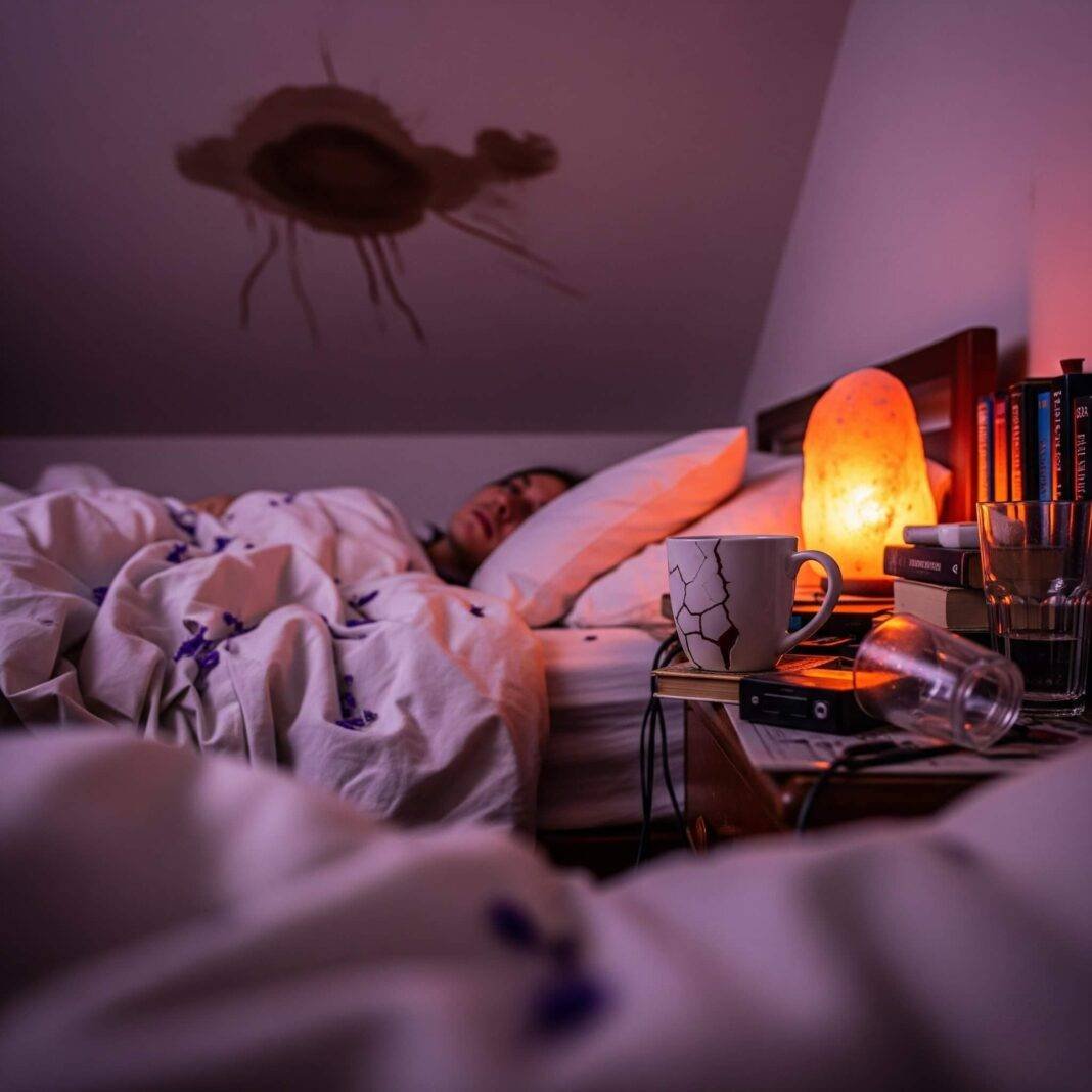 A blurry, first-person shot of a person in bed, staring at a ceiling with a stain, with a salt lamp and scattered lavender petals. A blurry, first-person shot of a person in bed, staring at a ceiling with a stain, with a salt lamp and scattered lavender petals.
