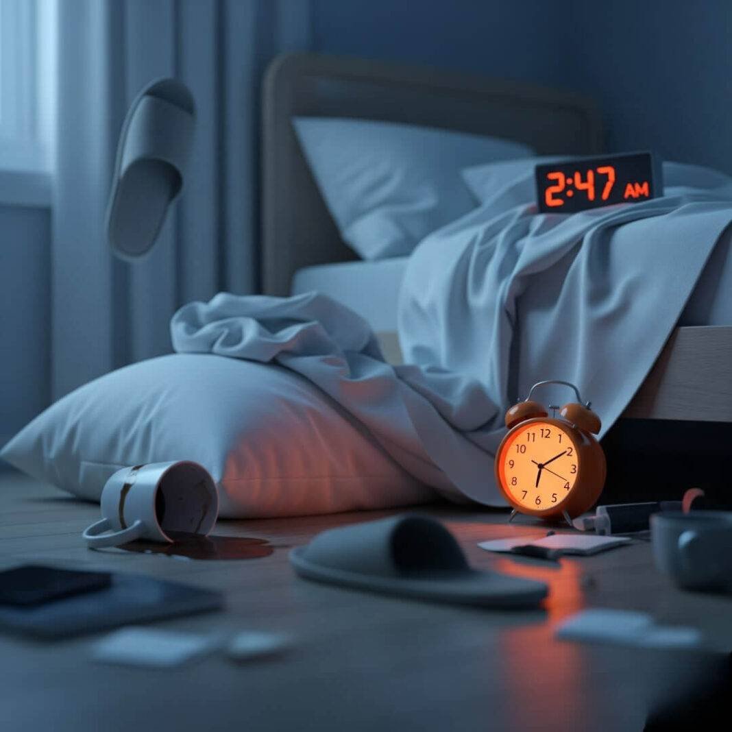 A messy bedroom at 2:47 AM with a glowing orange alarm clock, crumpled sheets, a spilled coffee mug, and an upside-down slipper. A messy bedroom at 2:47 AM with a glowing orange alarm clock, crumpled sheets, a spilled coffee mug, and an upside-down slipper.