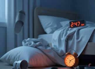 Sleep Disorder Awareness: Spot Symptoms and Get Help Fast A messy bedroom at 2:47 AM with a glowing orange alarm clock, crumpled sheets, a spilled coffee mug, and an upside-down slipper.