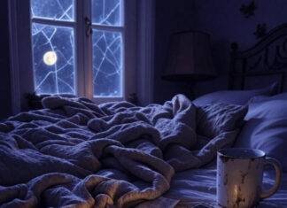 Why Sleep Clinics Near You Are a Game-Changer Cozy bedroom at night with snowy window, messy bed, phone, mug, and scattered papers lit by a small lamp. Caption: "Late-night chaos."