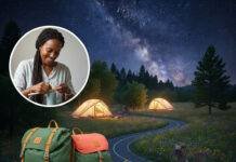How Sustainable Tourism is Changing the Way We Travel in 2025 Solar-powered campsite at night with glowing tents, a weaver, and scattered gear.