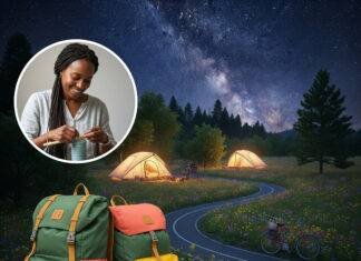 How Sustainable Tourism is Changing the Way We Travel in 2025 Solar-powered campsite at night with glowing tents, a weaver, and scattered gear.