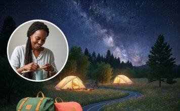 How Sustainable Tourism is Changing the Way We Travel in 2025 Solar-powered campsite at night with glowing tents, a weaver, and scattered gear.