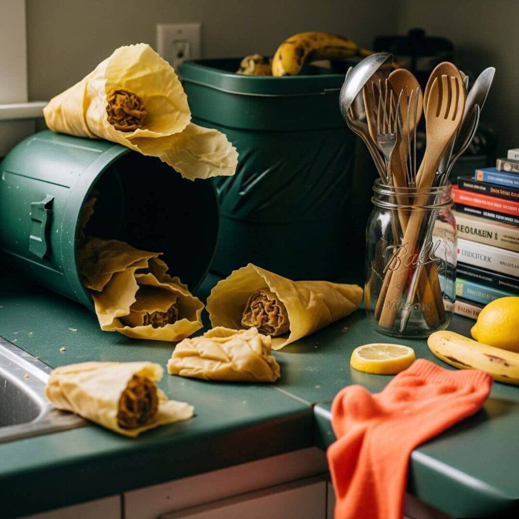 A cluttered kitchen counter with unraveling beeswax wraps, a compost bin, a cracked mason jar with utensils, and a neon orange sock. A cluttered kitchen counter with unraveling beeswax wraps, a compost bin, a cracked mason jar with utensils, and a neon orange sock.