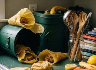 Sustainable Transportation – How to Reduce Your Carbon Footprint on the Road A cluttered kitchen counter with unraveling beeswax wraps, a compost bin, a cracked mason jar with utensils, and a neon orange sock.