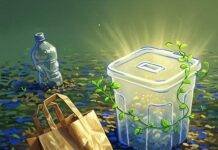 Sustainable Packaging: The Future of Eco-Friendly Solutions for a Greener Planet A crumpled biodegradable bag, a glowing compostable container with vines, and a fading plastic bottle on vibrant soil.