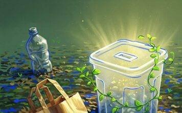 Sustainable Packaging: The Future of Eco-Friendly Solutions for a Greener Planet A crumpled biodegradable bag, a glowing compostable container with vines, and a fading plastic bottle on vibrant soil.