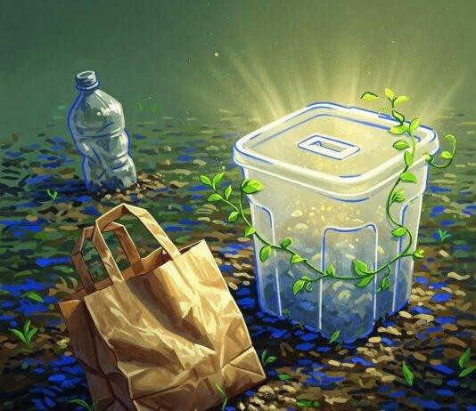 Sustainable Packaging: The Future of Eco-Friendly Solutions for a Greener Planet A crumpled biodegradable bag, a glowing compostable container with vines, and a fading plastic bottle on vibrant soil.