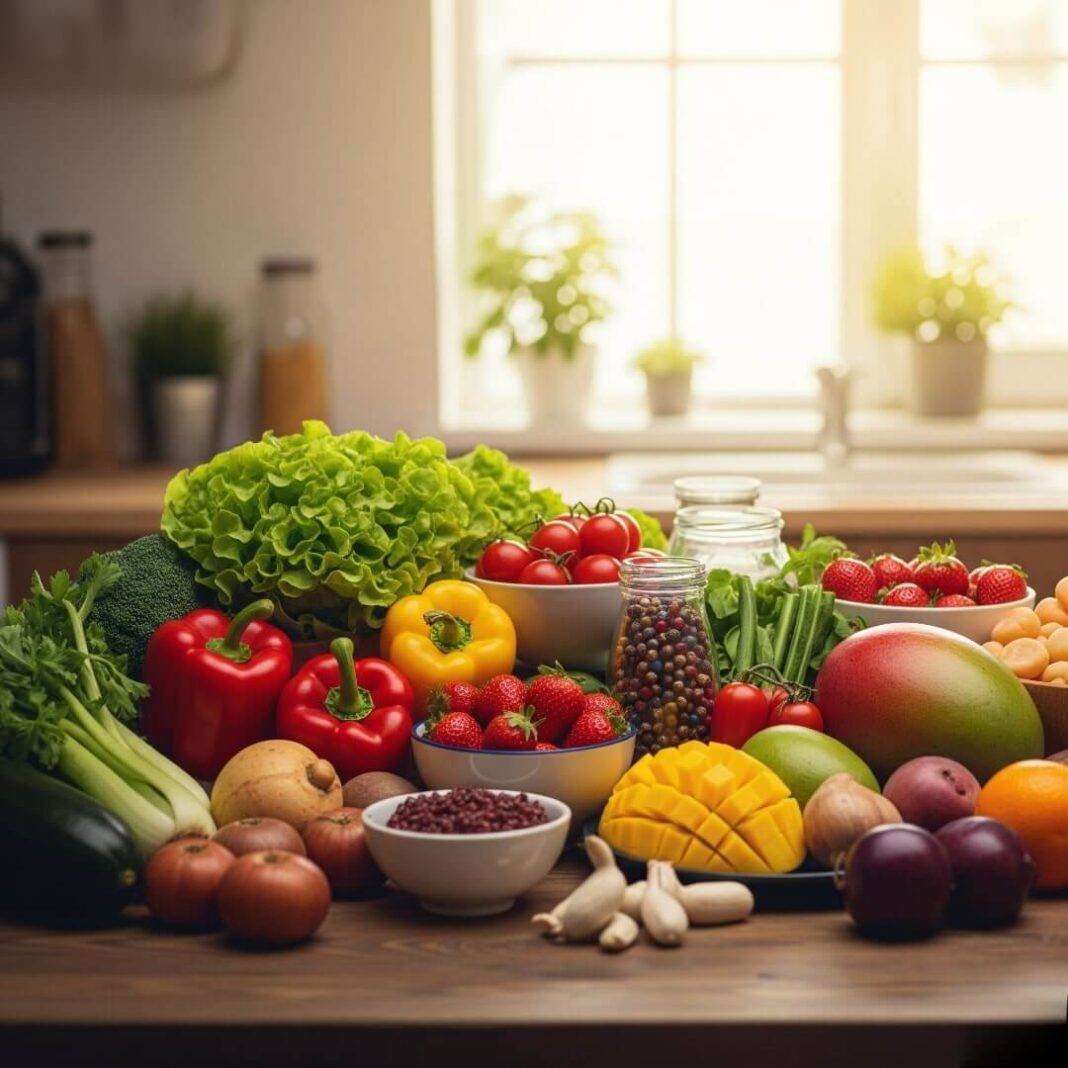 Plant-based feast with fresh produce. Plant-based feast with fresh produce.