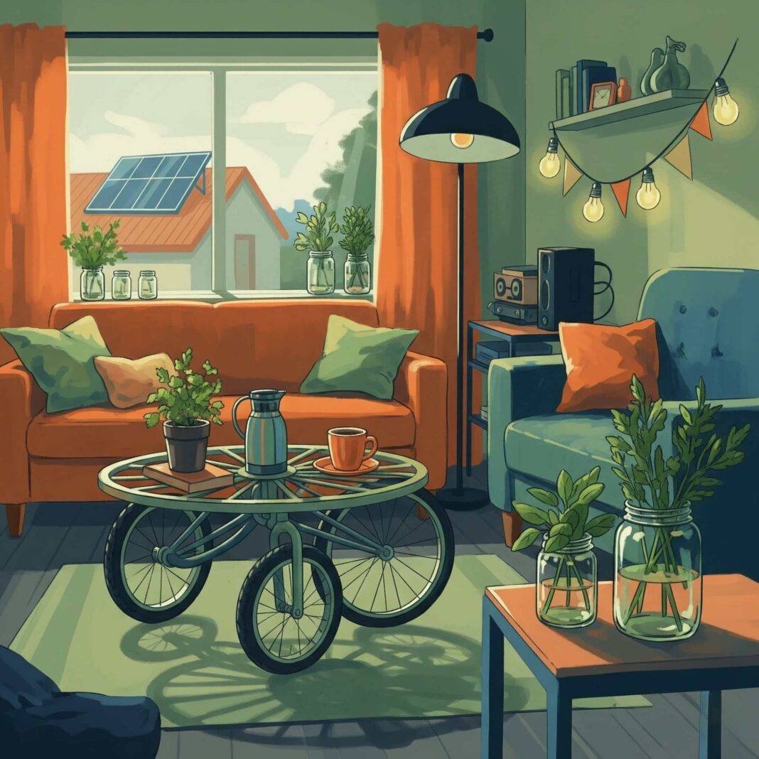 A whimsical living room digital painting with a bicycle-wheel coffee table, solar panel view, and herb jars, set in a sage, orange, and indigo palette. A whimsical living room digital painting with a bicycle-wheel coffee table, solar panel view, and herb jars, set in a sage, orange, and indigo palette.