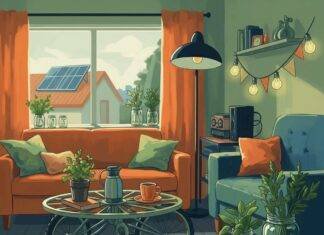 Top 5 Sustainable Home Trends for 2025 That Will Save You Money A whimsical living room digital painting with a bicycle-wheel coffee table, solar panel view, and herb jars, set in a sage, orange, and indigo palette.