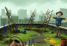 Sustainable Agriculture: 7 Ways It’s Transforming the Food Industry A colorful, quirky rooftop garden with wildflowers, crooked trellises, a soil sensor, and a scarecrow.